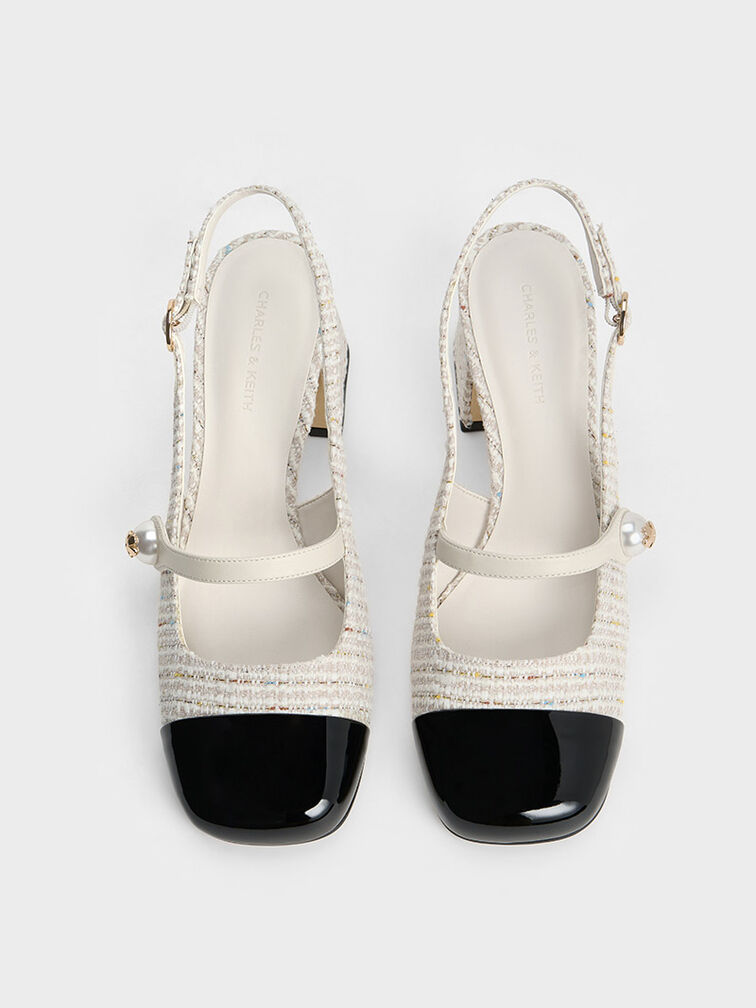 Aeryn Tweed Pearl-Embellished Slingback Pumps, Cream, hi-res