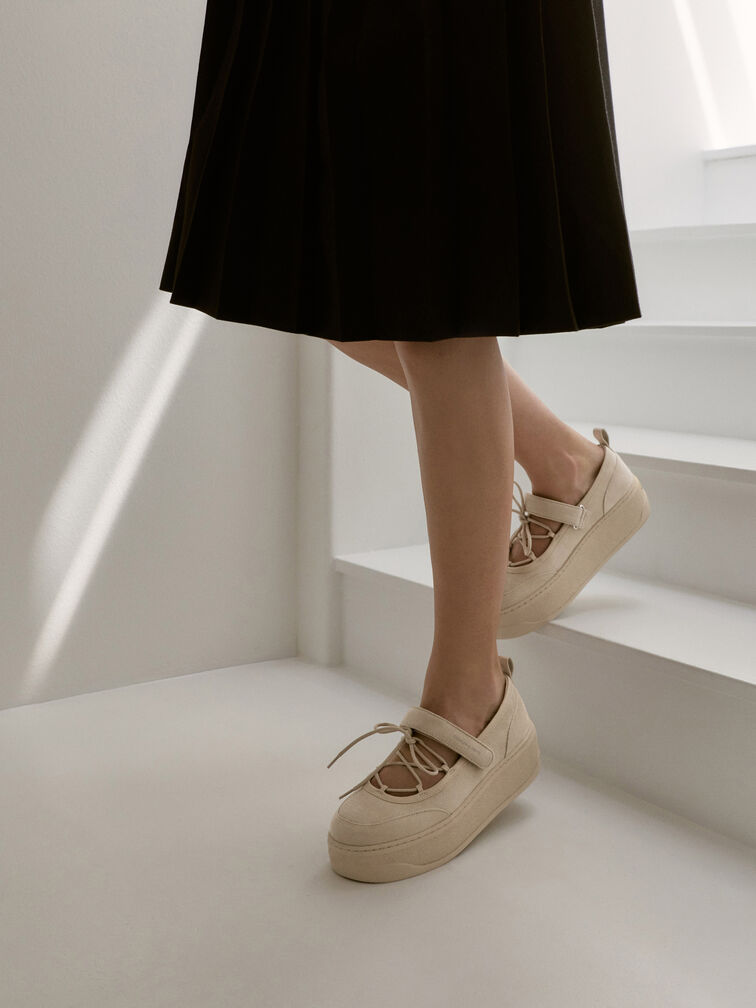 Faux Suede Mary Jane Platform Sneakers, Beige, hi-res