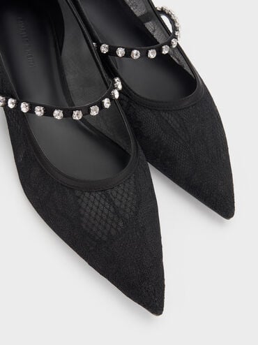 Lace & Satin Crystal Mary Jane Flats, Black Textured, hi-res