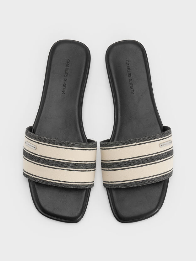 Striped Square-Toe Slide Sandals, Black Textured, hi-res