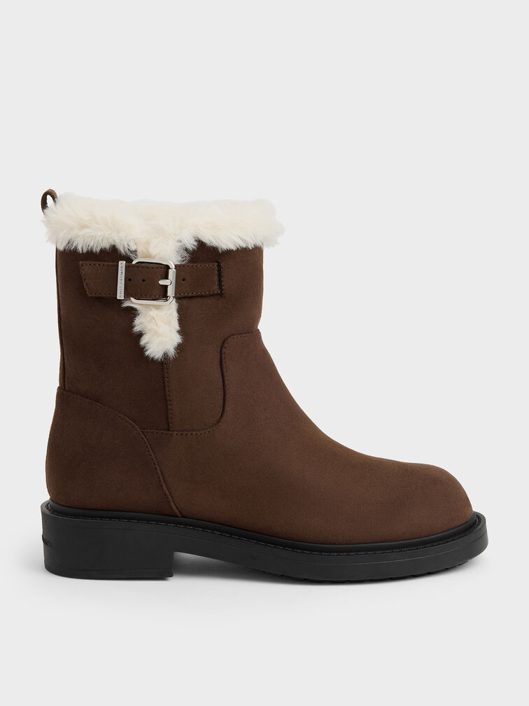 Joni Faux Suede Fur-Trim Ankle Boots, Dark Brown Textured, hi-res