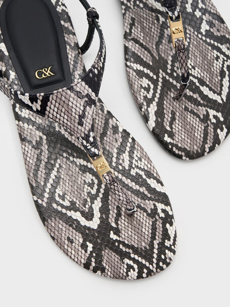 Leather Snake-Print T-Bar Thong Sandals, Animal Print Grey, hi-res