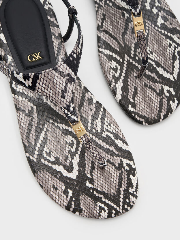 Leather Snake-Print T-Bar Thong Sandals, Animal Print Grey, hi-res