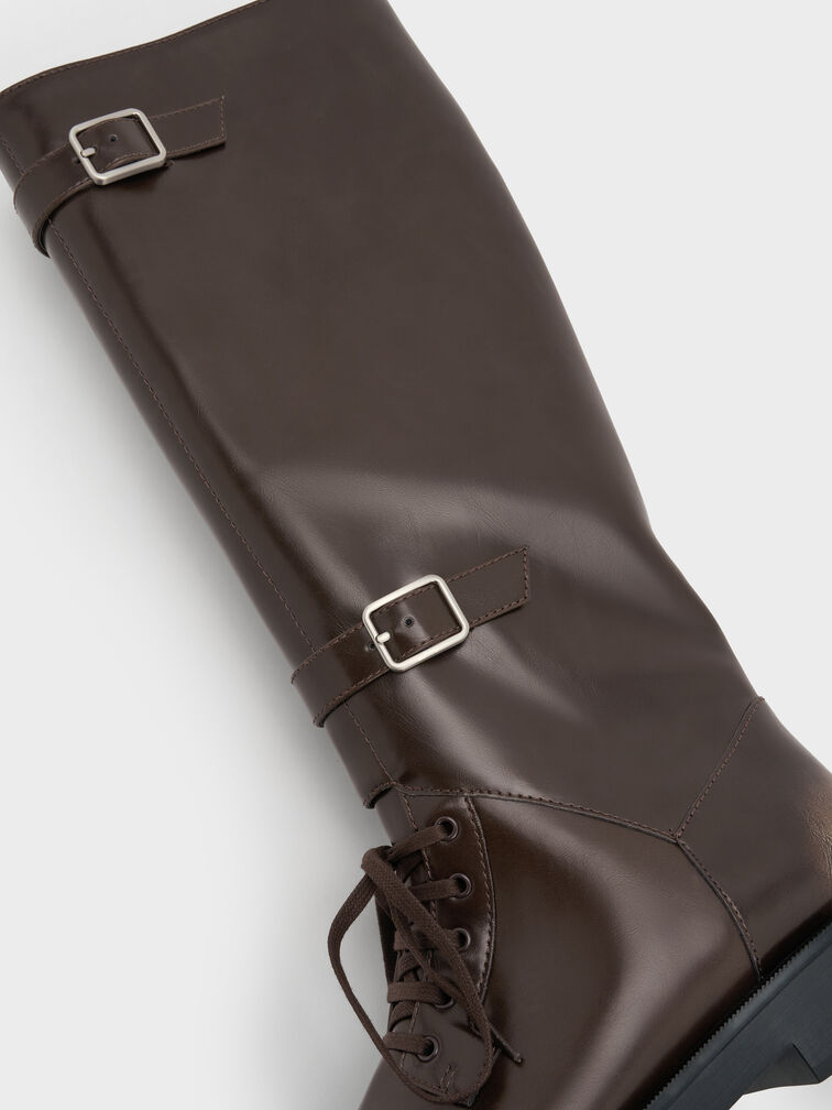 Burnished Double-Buckle Combat Knee-High Boots, Dark Brown, hi-res