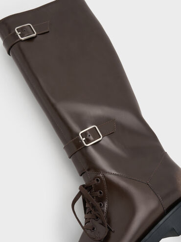 Burnished Double-Buckle Combat Knee-High Boots, Dark Brown, hi-res