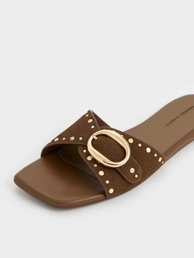 Studded Buckled Slide Sandals, Brown, hi-res