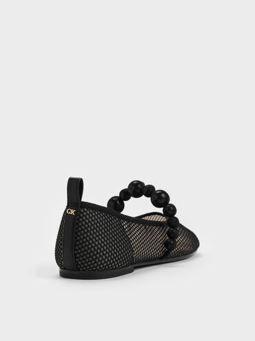 Leather Mesh Beaded Mary Jane Flats, Black Textured, hi-res