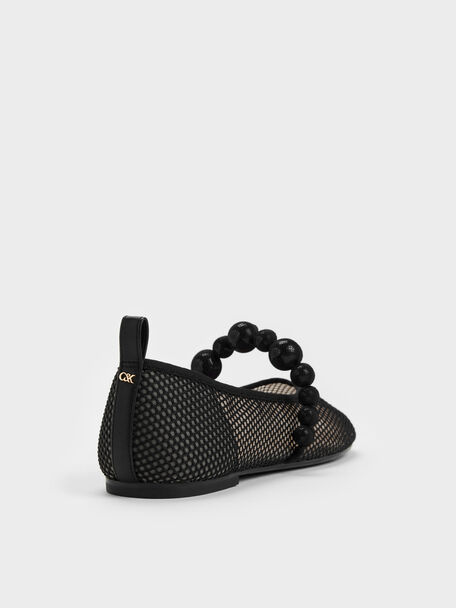Leather Mesh Beaded Mary Jane Flats, Black Textured, hi-res
