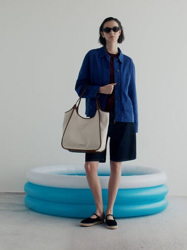 Sianna Canvas Contrast-Trim Tote Bag, Taupe Canvas, hi-res