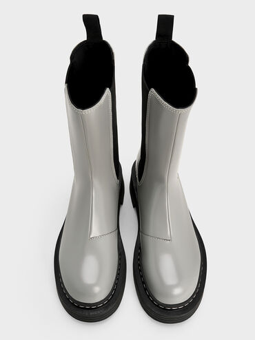 Stitch-Trim Platform Mid-Calf Chelsea Boots, Grey, hi-res