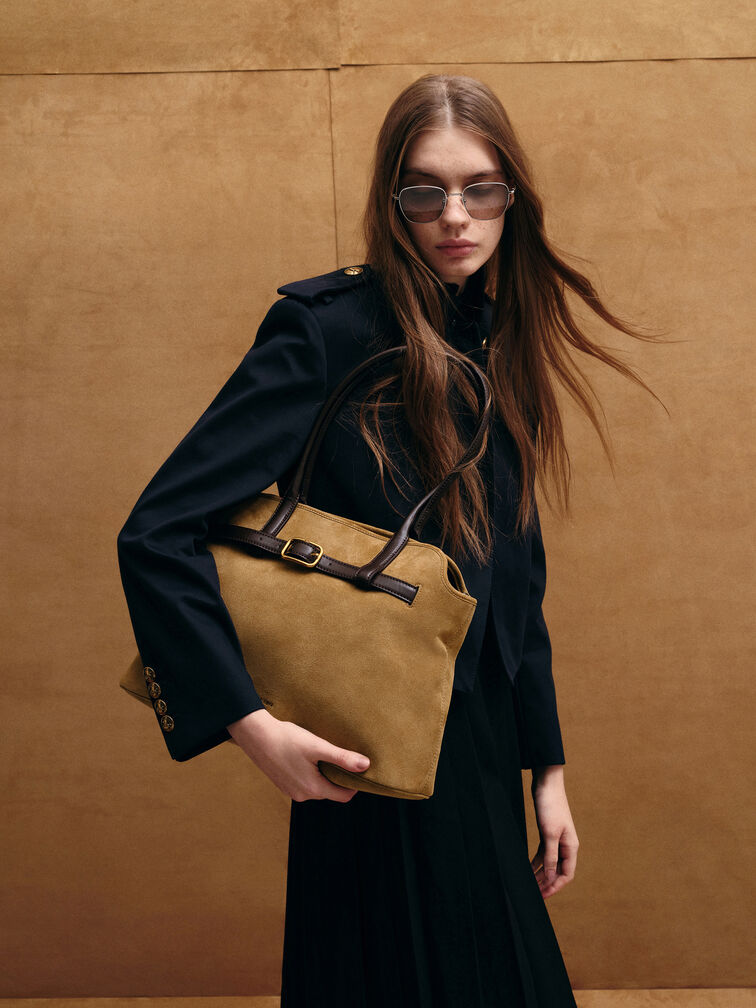 Victoria Recycled Suede Belted Trapeze Tote Bag, Sahara Sand, hi-res