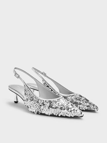 Ruthie Sequinned Slingback Pumps, Silver, hi-res
