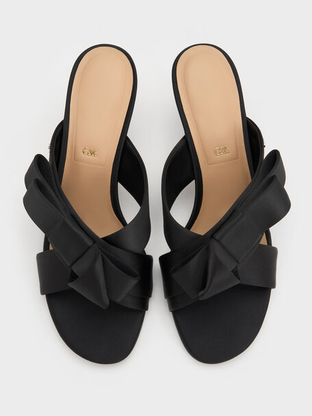 Pleated-Bow Heeled Mules, Black Textured, hi-res