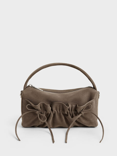 Reese Ruched Bow Top Handle Bag, Stone Grey, hi-res