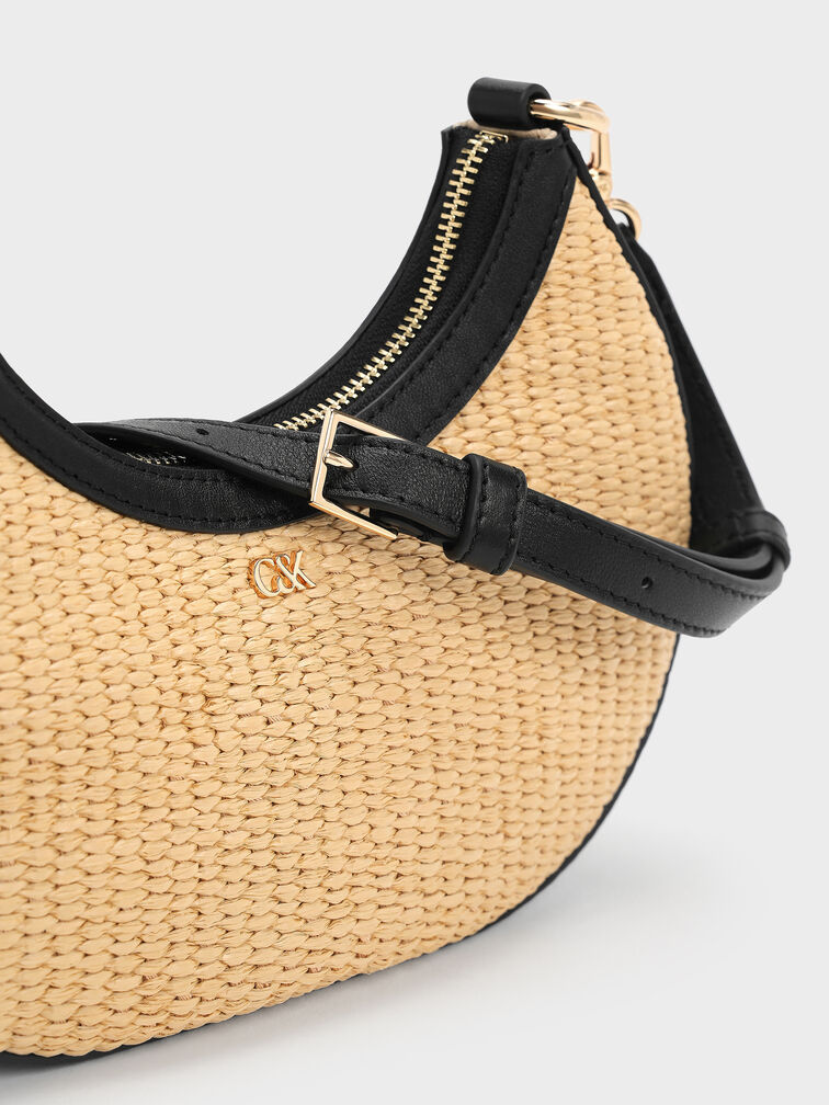 Leather & Raffia Crescent Hobo Bag, Neutral Raffia, hi-res