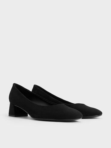 Faux Suede Round-Toe Block-Heel Pumps, Black Textured, hi-res