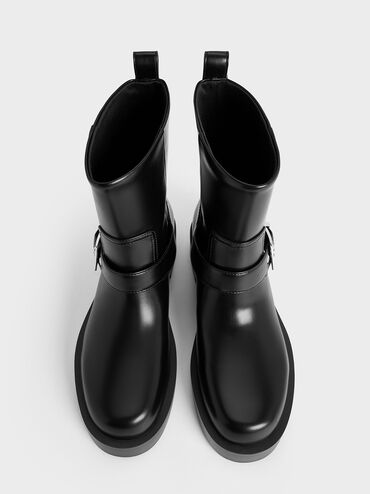 Buckle-Strap Biker Boots, Black, hi-res
