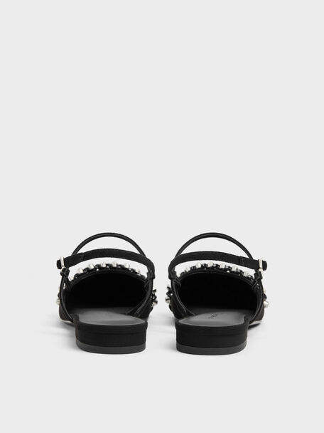 Faux Suede Crystal Slingback Flats, Black Textured, hi-res