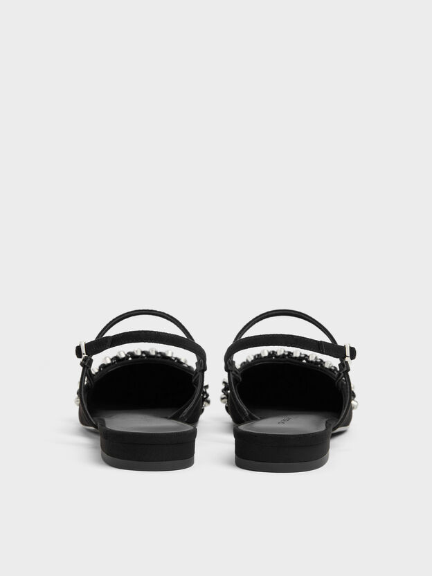 Faux Suede Crystal Slingback Flats, Black Textured, hi-res