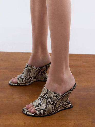 Snake-Print Wide-Strap Sculptural-Heel Wedges, Animal Print Natural, hi-res