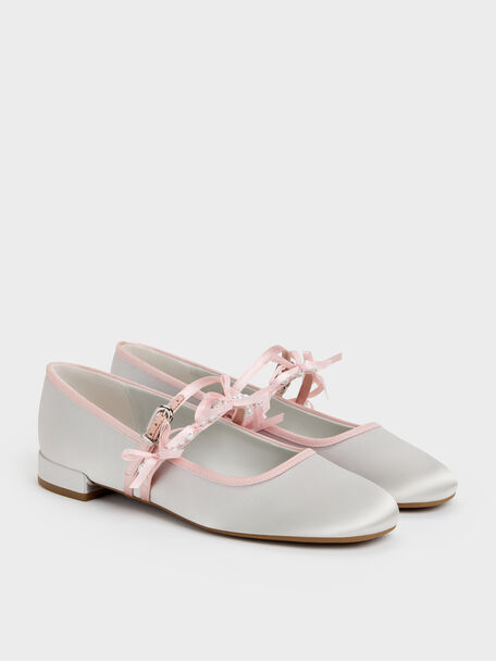 Noelie Satin Pearl-Bow Mary Janes, Silver, hi-res
