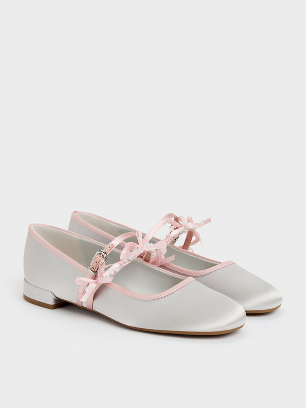 Noelie Satin Pearl-Bow Mary Janes, Silver, hi-res