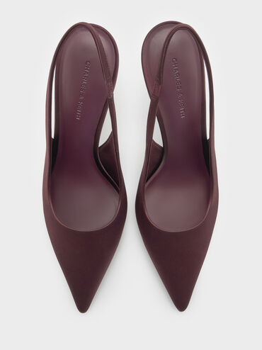 Satin Crystal-Embellished Ball-Heel Pointed-Toe Slingback Pumps, Burgundy, hi-res