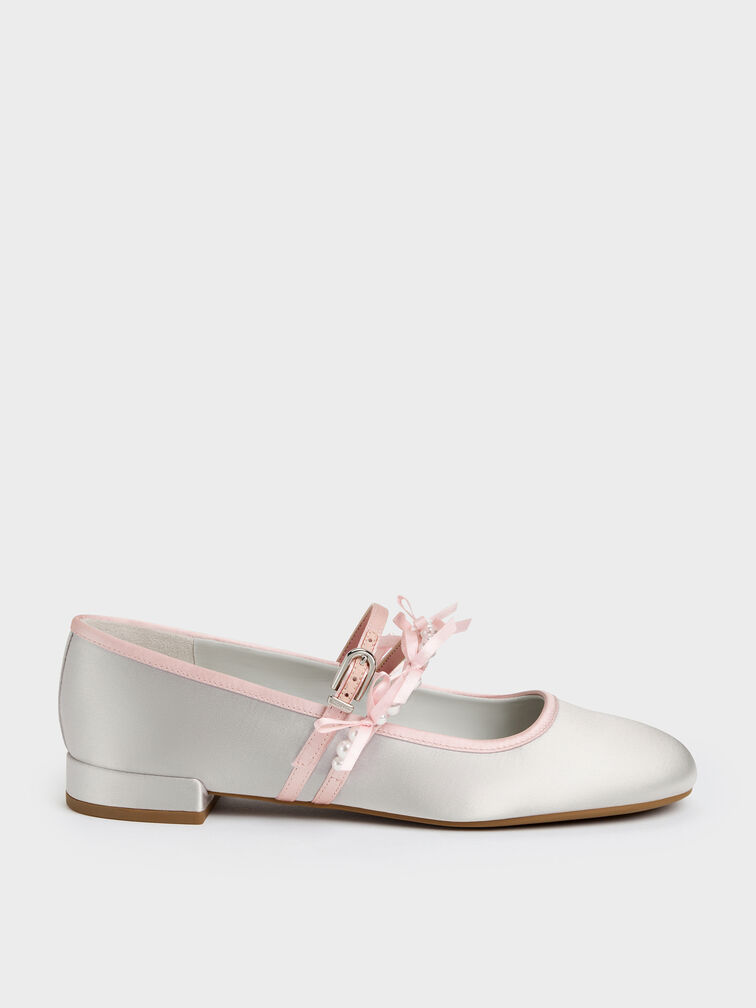 Noelie Satin Pearl-Bow Mary Janes, Silver, hi-res
