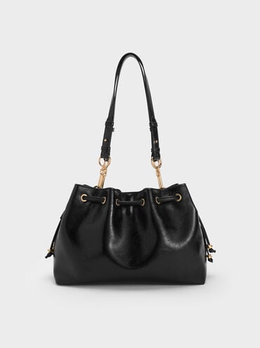 Moxie Drawstring Bucket Bag, Black, hi-res