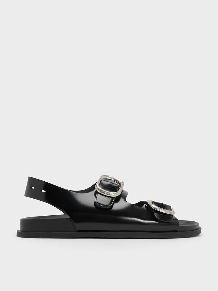 Buckled Double-Strap Slingback Sandals, Black Box, hi-res