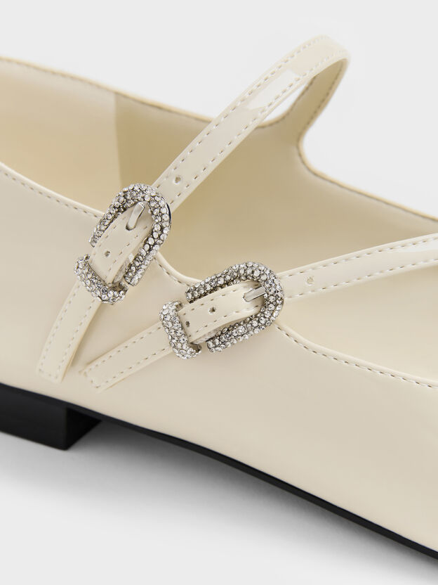 Patent Crystal-Buckle Double-Strap Mary Janes, Chalk, hi-res