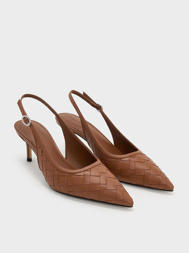 Ivette Woven Pointed-Toe Slingback Pumps, Brown, hi-res