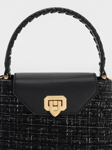 Arwen Tweed Quilted Braided-Strap Top Handle Bag, Black Tweed, hi-res