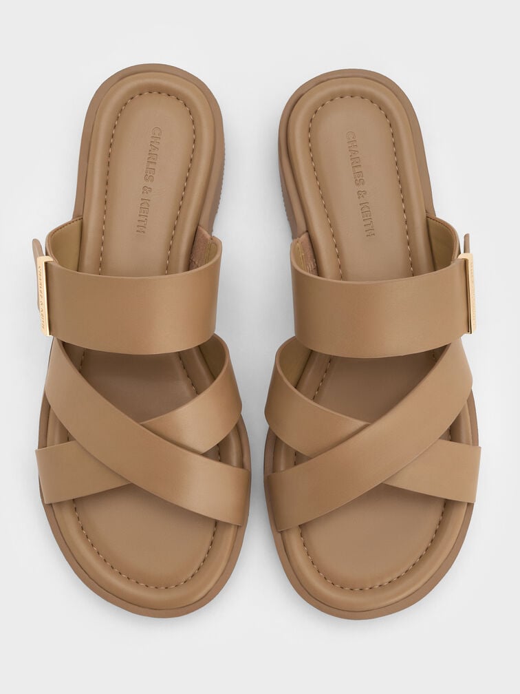 Metallic-Accent Crossover-Strap Slide Sandals, Taupe, hi-res