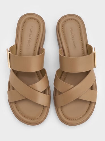 Metallic-Accent Crossover-Strap Slide Sandals, Taupe, hi-res
