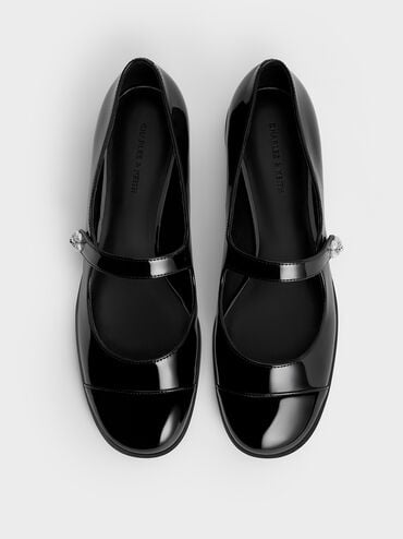 Patent Pearl-Embellished Flower-Buckle Cap-Toe Mary Janes, Black Patent, hi-res