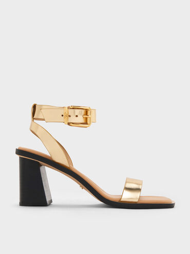 Metallic Leather Ankle-Strap Block-Heel Sandals, Gold, hi-res