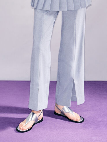 Metallic V-Strap Slingback Thong Sandals, Silver, hi-res