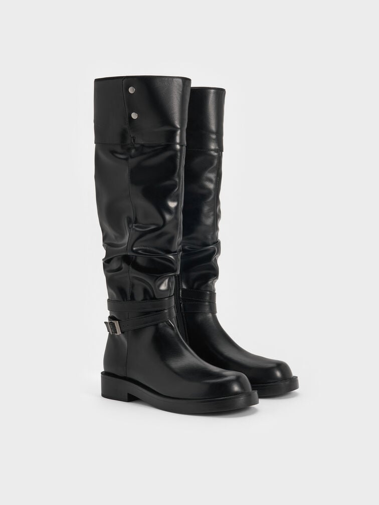 Ellis Ruched Buckled Fold-Over Thigh-High Boots, Black, hi-res