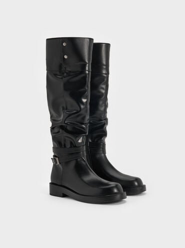 Ellis Ruched Buckled Fold-Over Thigh-High Boots, Black, hi-res