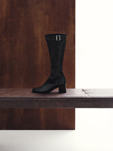 Gerry Buckled Block-Heel Knee-High Boots, Black, hi-res