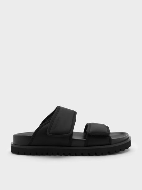 Nylon Double-Strap Flatform Sandals, Black Textured, hi-res