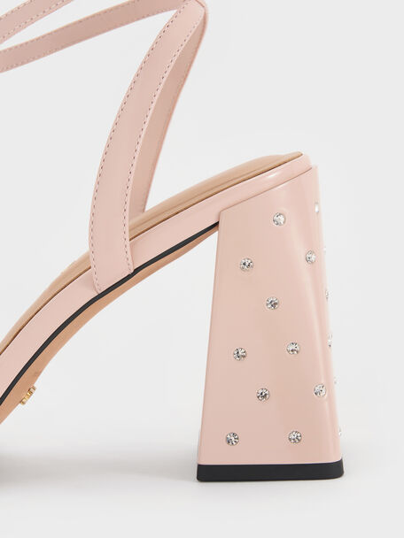 Emmaline Patent Leather Crystal-Heel Sandals, Pink, hi-res