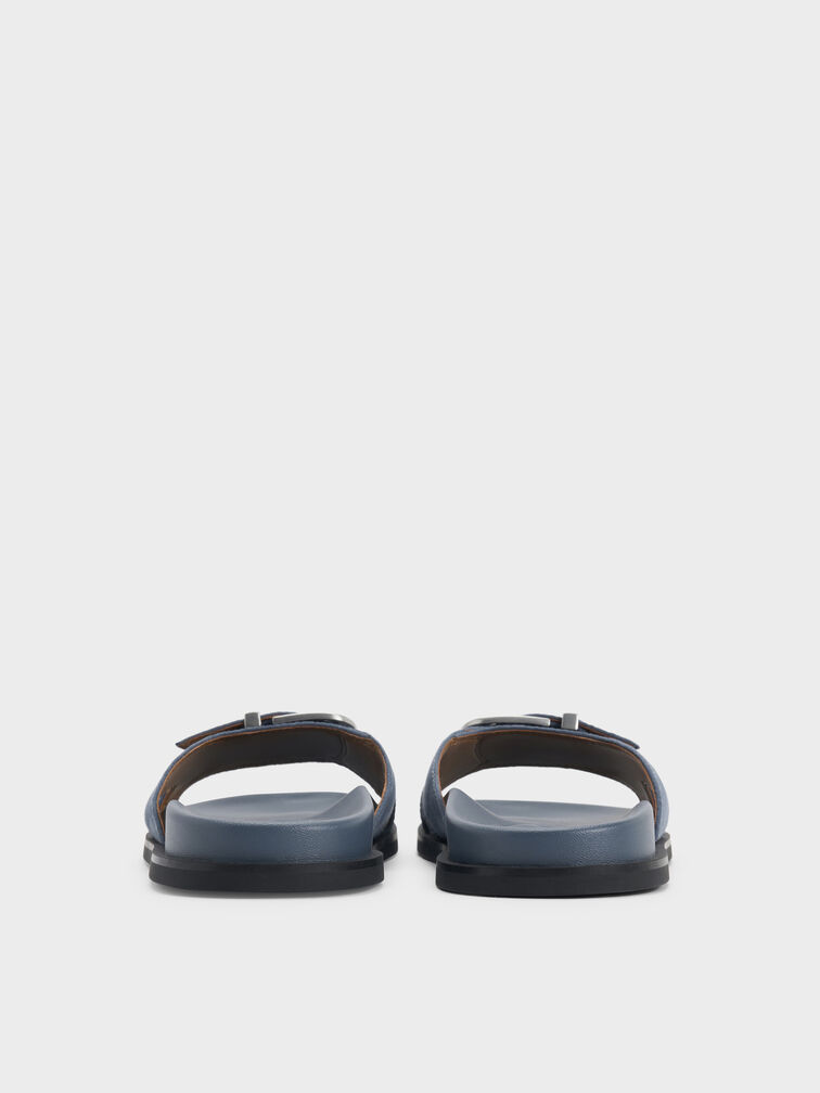 Faux Suede Stitch-Trim Buckled Slides, Blue, hi-res