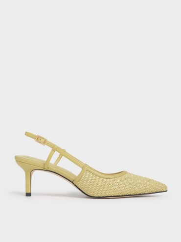 Raffia Pointed-Toe Slingback Pumps, Olive, hi-res