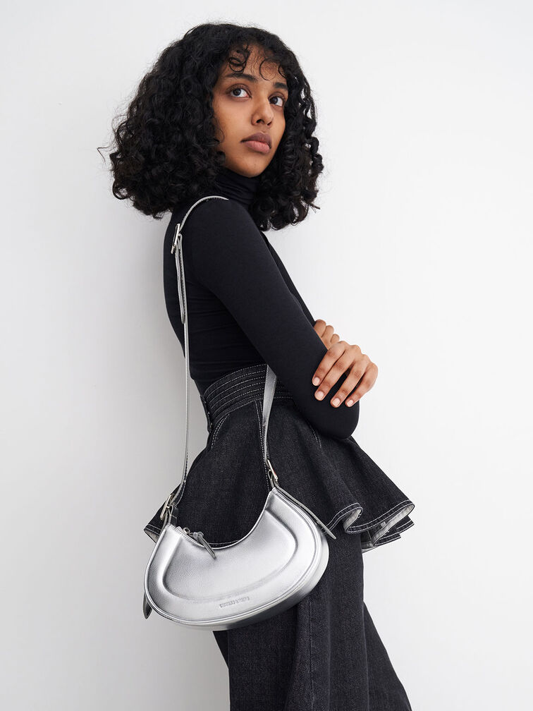 Petra Curved Shoulder Bag, Silver Petra Curved Shoulder Bag, Silver, hi-res
