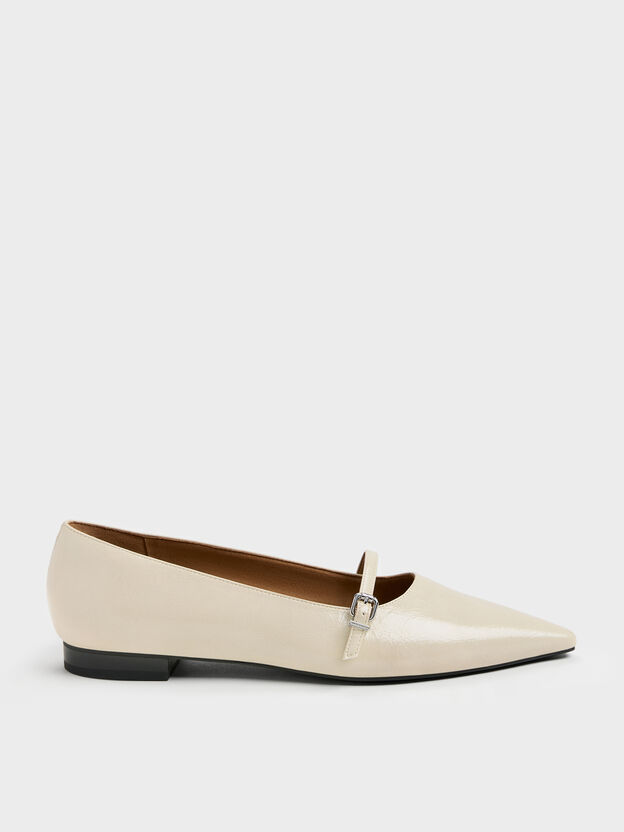 Crinkle-Effect Pointed Ballet Flats, Beige, hi-res