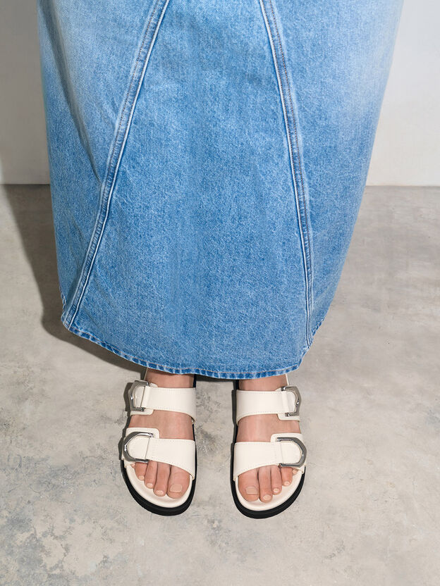 Gabine Silver-Buckle Leather Slides, Chalk, hi-res