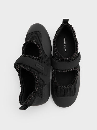 Mesh Pearl-Embellished Mary Jane Sneakers, Black Textured, hi-res
