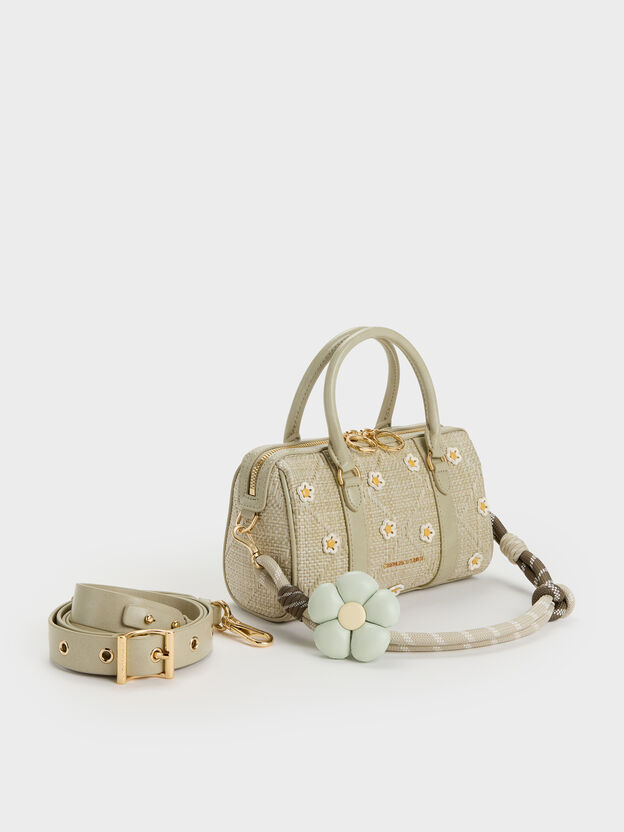 Philomena Raffia Flower Bowling Bag, Pale Olive, hi-res